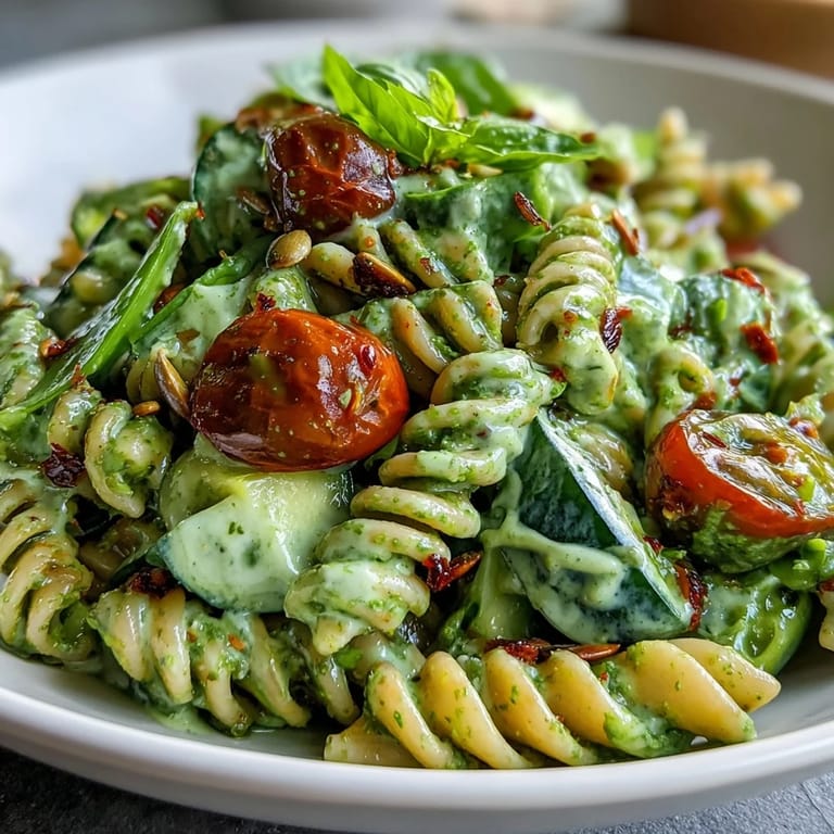 Irresistible Green Goddess Pasta Salad, perfectly chilled with bright, creamy avocado dressing.