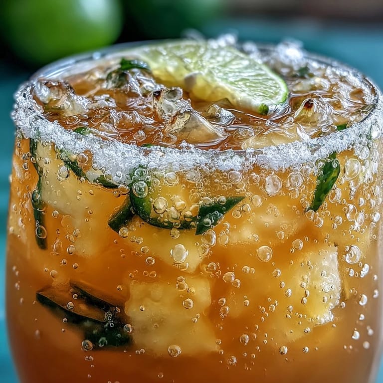Icy glass of pineapple jalapeño agua fresca garnished with fruit slices, perfect for cooling off on hot days.