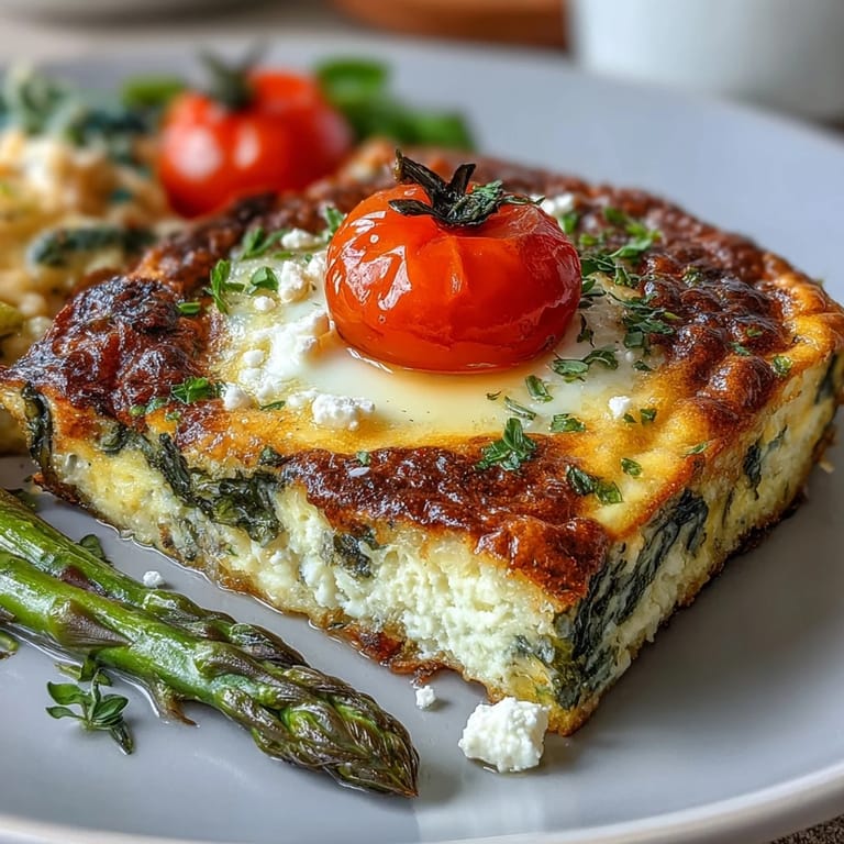 Fluffy baked eggs with vibrant spring vegetables and crumbled feta, sliced into squares for easy serving.