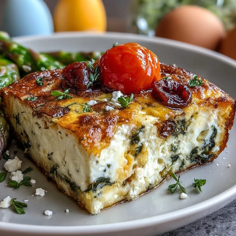 Cheesy sheet pan frittata with cherry tomatoes and fresh herbs, ideal for festive breakfast gatherings.