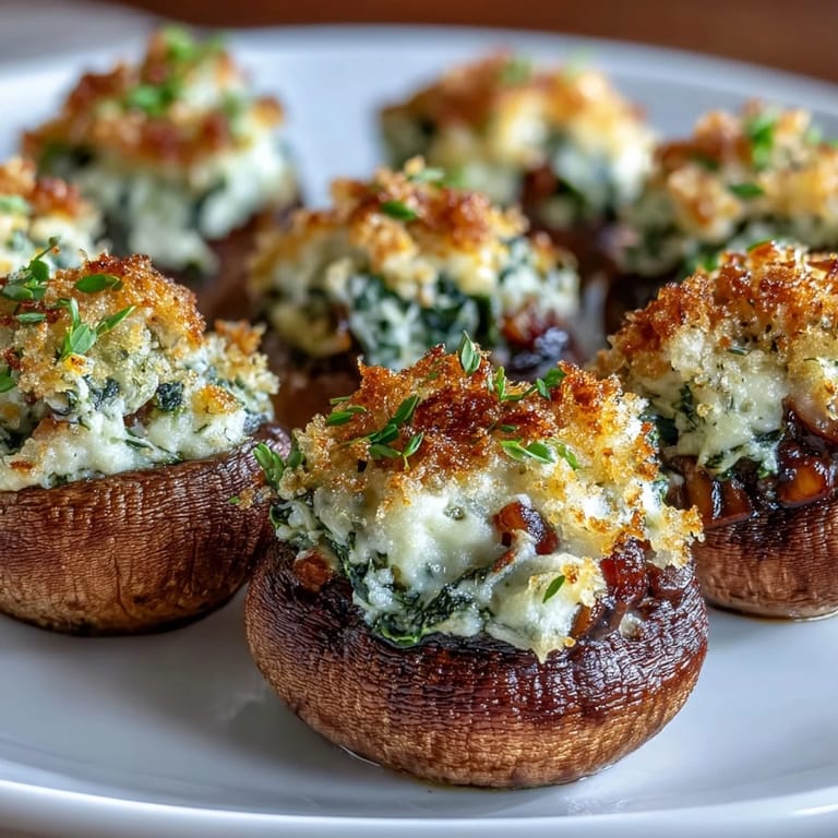 Fresh mushroom caps generously filled with a blend of spinach, ricotta, Parmesan, and fragrant herbs, baked to golden perfection.