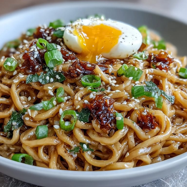 Close-up of savory garlic butter ramen, featuring tender noodles coated in a sweet-savory sauce with a sprinkle of sesame seeds.
