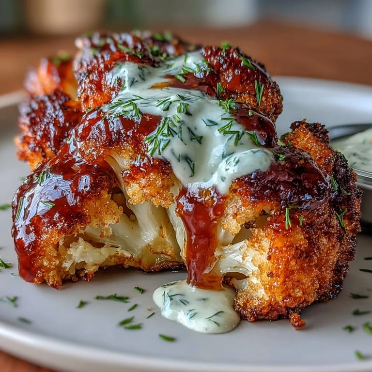 Oven-baked cauliflower wings slathered in tangy BBQ sauce, a perfect appetizer.