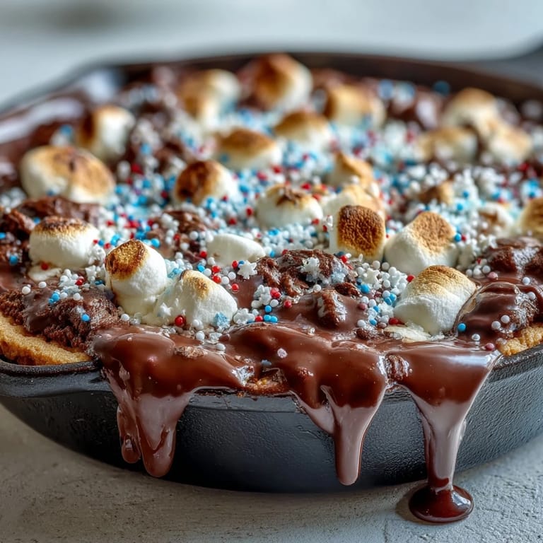 Festive 3-ingredient S'mores Dip in cast iron, golden marshmallows over melted chocolate.