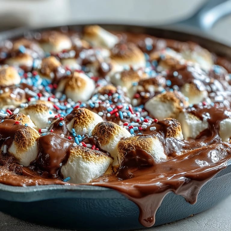 Warm, melted 4th of July S'mores Dip in cast iron, served with graham crackers.