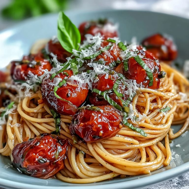 Slow-roasted cherry tomatoes and garlic oil dress tender spaghetti in this easy Italian dish.