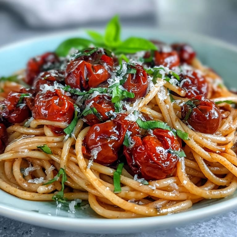 A close-up of cherry tomato confit pasta, bursting with sweet, garlicky goodness and fresh basil.