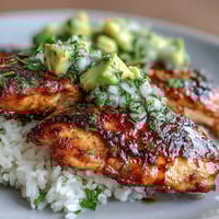 Grilled honey-lime chicken slices layered over fluffy jasmine rice and topped with creamy avocado-cilantro salsa on a plate.