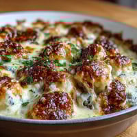 Trader Joes Dumpling Bake with creamy sauce and melted cheese in a golden casserole dish, garnished with scallions and sesame seeds.  