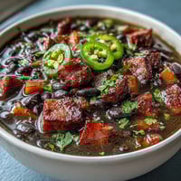 A steaming bowl of black bean and ham soup with jalapeños, garnished with fresh cilantro and served with lime wedges.  