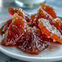 Glistening candied orange segments simmered in fragrant vanilla syrup, ideal for enhancing desserts and sweet treats.  
