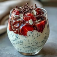 Creamy strawberry yogurt chia pudding topped with dark chocolate shavings and fresh berries for a healthy, indulgent treat.