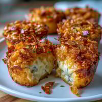 Creamy, cheesy funeral potatoes baked in muffin cups with a crunchy cornflake topping, perfect for brunch gatherings.