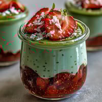 A vibrant jar of strawberry matcha overnight chia oats with fresh strawberries and coconut flakes on top.