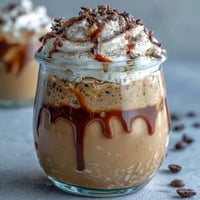 Creamy vanilla bean frappuccino overnight oats layered with whipped cream and chocolate shavings in a glass jar, perfect for a sweet breakfast or dessert.
