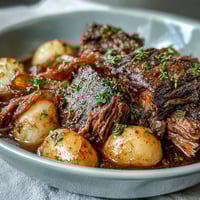 A steaming bowl of cozy beef stew with tender chunks of beef and vibrant root vegetables in a savory broth.  