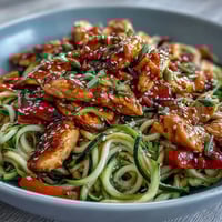Healthy Easy Zucchini Noodle Stir Fry with Chicken, a vibrant low-carb dish with tender chicken and crisp spiralized zucchini in savory Asian sauce.