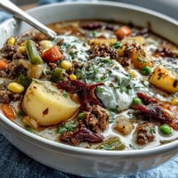 Hearty Shepherds Pie Soup with ground beef, veggies, and potatoes in a savory broth, served in a rustic bowl.