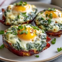 Fluffy green spinach eggs baked in ham cups with melted cheddar, a playful and nutritious breakfast treat.