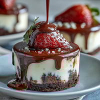 Decadent Dubai chocolate strawberry cheesecake cups with a chocolate biscuit base and creamy filling, topped with fresh strawberries and melted dark chocolate.