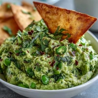 Creamy edamame guacamole with ripe avocado and fresh lime, served with golden, crisp pita chips for a nutritious snack.  