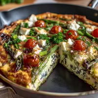 Healthy Easy Spring Veggie Frittata with asparagus, spinach, and feta, baked golden and fluffy in a skillet.