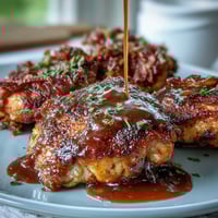 Soul Food Smothered Chicken with Onion Gravy in a cast-iron skillet, golden chicken pieces simmering in rich, savory gravy with caramelized onions.