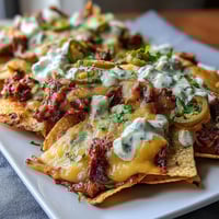 Loaded Baseball Nachos with Jalapeños and Cheese Sauce: A hearty platter of tortilla chips piled high with seasoned ground beef, creamy cheese sauce, tangy jalapeños, and fresh toppings for the ultimate game day snack.