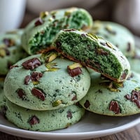 Soft, chewy pistachio pudding cookies with a natural green hue and white chocolate chips—perfect for St. Patrick's Day celebrations.