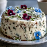 Spring Cake with Pressed Edible Flowers, a delicate vanilla cake adorned with soft pastel blooms.
