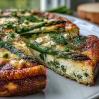 Spring Frittata with Asparagus, Peas and Goat Cheese - golden baked eggs with vibrant green vegetables and creamy cheese crumbles.