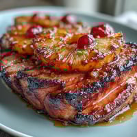 Honey Glazed Ham with Pineapple rings glistens under a golden honey-brown crust, perfect for a holiday feast.