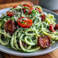 Zucchini Noodles with Pesto and Cherry Tomatoes in a colorful, healthy Mediterranean dish.