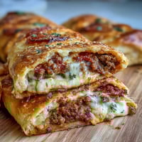 Freshly baked High-Protein Pepperoni Stromboli slices rest on a wooden cutting board, showcasing golden crust and melted mozzarella with a small bowl of marinara on the side.