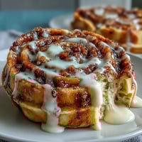Warm, fluffy cinnamon roll waffles topped with a rich vanilla cream cheese glaze and cinnamon-sugar swirls.  