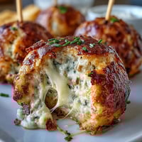 Golden baked olive cheese balls on skewers, featuring sharp cheddar dough wrapped around green olives for a savory party appetizer.