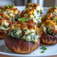 Golden-baked mushroom caps overflowing with creamy spinach ricotta filling, sprinkled with Parmesan and herbs. A savory, vegetarian appetizer perfect for parties.  