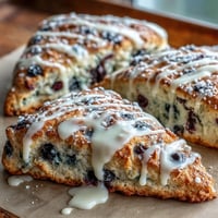 Golden Lemon Blueberry Scones, studded with bursting berries and drizzled with sweet lemon glaze.