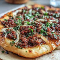 Crispy Turkish Lahmacun Pizza with savory lamb, perfect for lunch or dinner.
