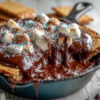 Gooey 4th of July S'mores Dip bubbling in a cast iron skillet, ready for dipping.